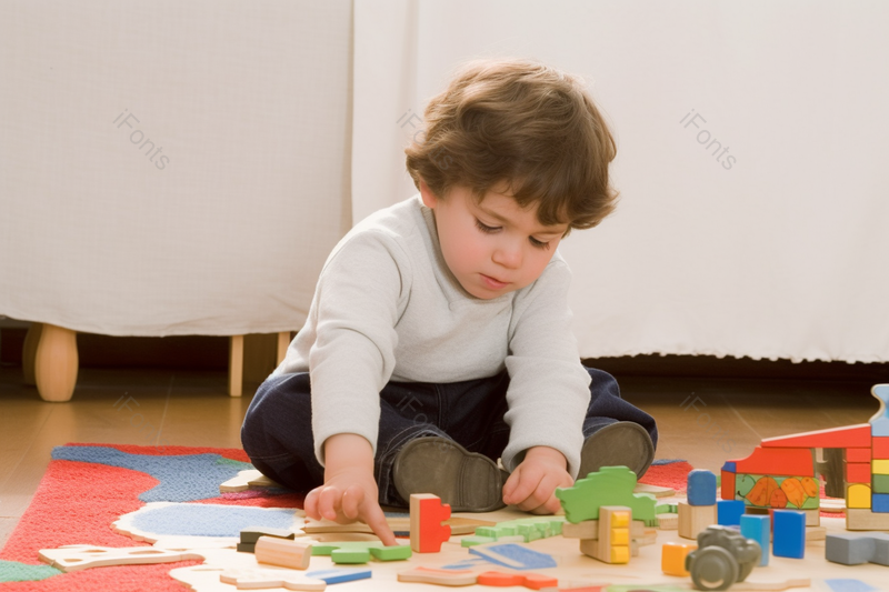 在房间玩玩具的黄棕色卷发男孩,高清,摄影图,摄影图片,图片大全,摄影图免费下载